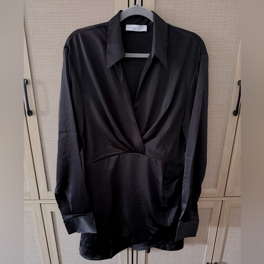 NWT Black Wrap Front Satin Mini Dress